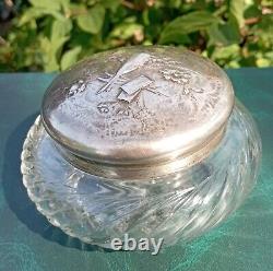 Ancienne Bonbonniere En Argent Massif Et Cristal Decor Oiseau Lettres Dn3104