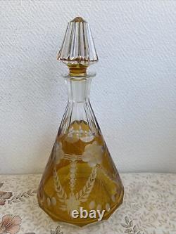 Ancienne Carafe Liqueur Cristal De Bohème Jaune Tchécoslovaquie Décoré
