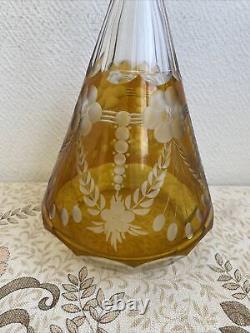 Ancienne Carafe Liqueur Cristal De Bohème Jaune Tchécoslovaquie Décoré