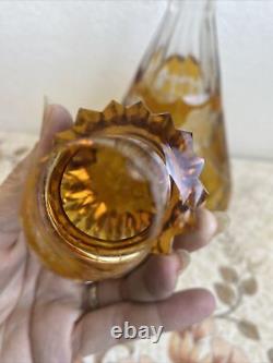 Ancienne Carafe Liqueur Cristal De Bohème Jaune Tchécoslovaquie Décoré