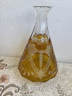 Ancienne Carafe Liqueur Cristal De Bohème Jaune Tchécoslovaquie Décoré