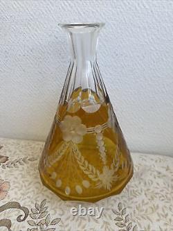 Ancienne Carafe Liqueur Cristal De Bohème Jaune Tchécoslovaquie Décoré