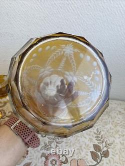 Ancienne Carafe Liqueur Cristal De Bohème Jaune Tchécoslovaquie Décoré