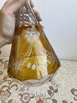 Ancienne Carafe Liqueur Cristal De Bohème Jaune Tchécoslovaquie Décoré