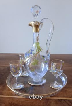 Ancienne Carafe à vin cuit en cristal Plateau et Verres 1900