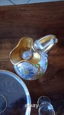 Ancienne Carafe à vin cuit en cristal Plateau et Verres 1900