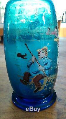 Ancienne Carafe en verre bleu décor émaillé scène de pêche, farce, humouristique