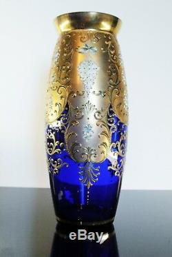 Ancienne Grand Vase En Cristal Couleur Bleu Émaille Or Murano