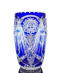 Ancienne Grand Vase En Cristal Double Couche Couleur Bleu Taille Bohème 25cm