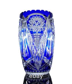 Ancienne Grand Vase En Cristal Double Couche Couleur Bleu Taille Bohème 25cm