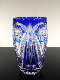 Ancienne Grand Vase En Cristal Double Couche Couleur Bleu Taille Bohème 25cm