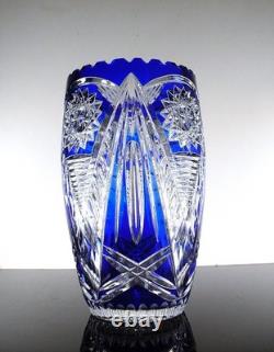 Ancienne Grand Vase En Cristal Double Couche Couleur Bleu Taille Bohème 25cm