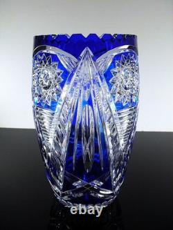 Ancienne Grand Vase En Cristal Double Couche Couleur Bleu Taille Bohème 25cm