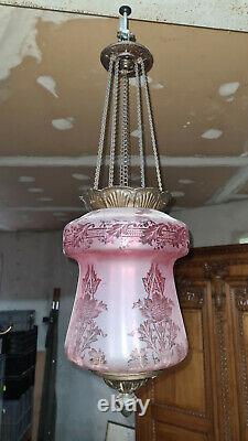 Ancienne Lanterne Suspension Lustre Verre Cristal Grave Old Lamp Monte Et Baisse