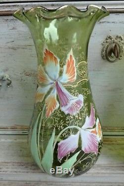 Ancienne Paire De Vases Émaillés Décor Orchidées Legras Montjoye 1900