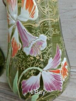 Ancienne Paire De Vases Émaillés Décor Orchidées Legras Montjoye 1900