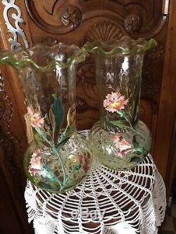 Ancienne Paire de vases émaillés décors fleurs gros modèles