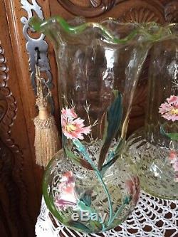 Ancienne Paire de vases émaillés décors fleurs gros modèles
