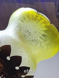 Ancienne Suspension Globe Tulipe En Verre Ou Cristal Vert Jaune Gravé À L'acide