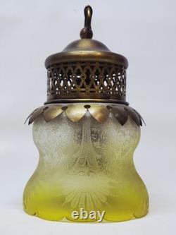 Ancienne Suspension Globe Tulipe En Verre Ou Cristal Vert Jaune Gravé À L'acide