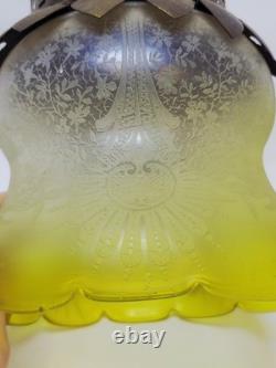 Ancienne Suspension Globe Tulipe En Verre Ou Cristal Vert Jaune Gravé À L'acide