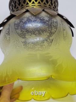 Ancienne Suspension Globe Tulipe En Verre Ou Cristal Vert Jaune Gravé À L'acide