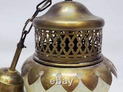 Ancienne Suspension Globe Tulipe En Verre Ou Cristal Vert Jaune Gravé À L'acide