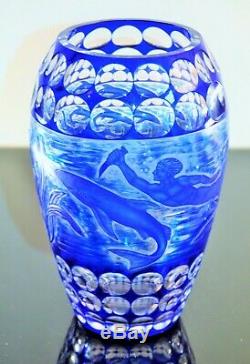 Ancienne Vase Cristal Double Couleur Bleu Taille Grave Dégage L'acide Arnstadt