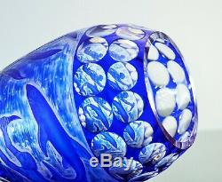 Ancienne Vase Cristal Double Couleur Bleu Taille Grave Dégage L'acide Arnstadt