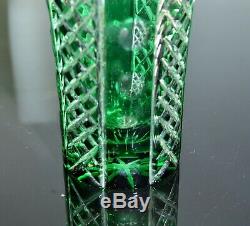Ancienne Vase En Cristal Double Couleur Vert Taille Bohème Vers 1950