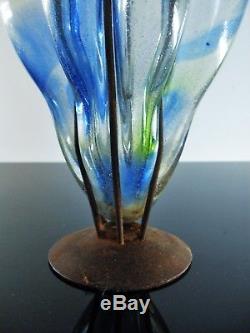 Ancienne Vase En Fer Forgé Pte De Verre Souffle Art Déco Dèlatte Nancy Muller