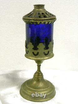 Ancienne Veilleuse Lampe D'église Verre Cristal Bleu Cobalt Oil Lamp Hotel