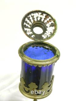 Ancienne Veilleuse Lampe D'église Verre Cristal Bleu Cobalt Oil Lamp Hotel