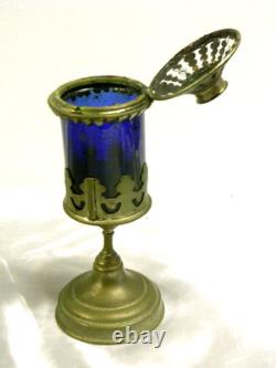 Ancienne Veilleuse Lampe D'église Verre Cristal Bleu Cobalt Oil Lamp Hotel