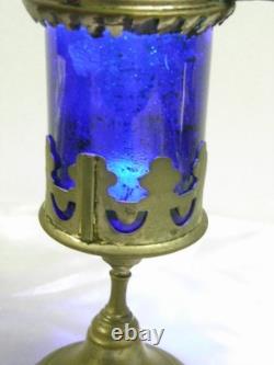 Ancienne Veilleuse Lampe D'église Verre Cristal Bleu Cobalt Oil Lamp Hotel