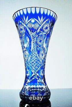 Ancienne XXL Grand Vase Cristal Double Couleur Bleu Et Blanc Taille Bohème