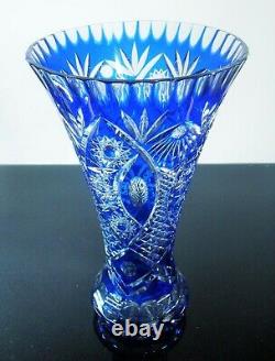 Ancienne XXL Grand Vase Cristal Double Couleur Bleu Et Blanc Taille Bohème