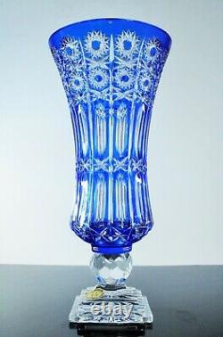 Ancienne XXL Grand Vase Cristal Double Couleur Bleu Massif Taille Lorraine 43cm