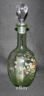 Ancienne carafe Legras verre soufflé émaillé verte décors de fleurs fin XIX ème