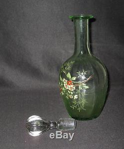 Ancienne carafe Legras verre soufflé émaillé verte décors de fleurs fin XIX ème