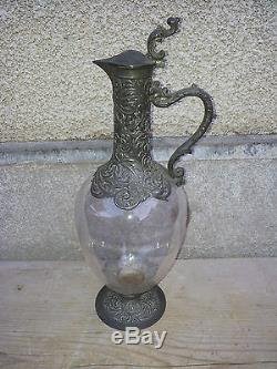 Ancienne carafe aiguiere en verre métal à décanter, art nouveau, French antique