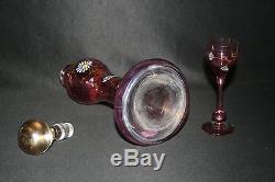 Ancienne carafe et verre Legras verre soufflé émaillé violet fleurs fin XIX ème