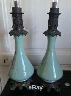 Ancienne paire lampes à pétroles en opaline verte XIXéme Napoléon III