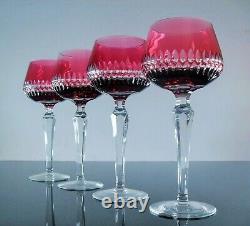 Anciennes 4 Grand Verres A Vin En Cristal Double Couleur Rose Taille Boheme