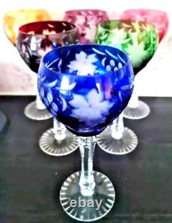 Anciennes Grand 6 Verres Calice En Cristal Couleur Taille Raisin Boheme 1950