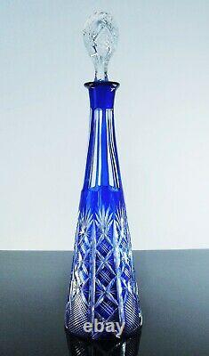 Art Déco Ancienne Grand Carafe Cristal Double Couleur Bleu Taille Baccarat 1908