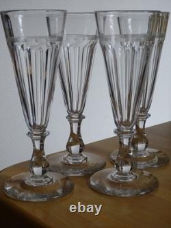 BACCARAT CRISTAL 4 ANCIENNE FLUTES CHAMPAGNE CONIQUE FILETS COTES PLATE 17 cm