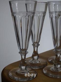 BACCARAT CRISTAL 4 ANCIENNE FLUTES CHAMPAGNE CONIQUE FILETS COTES PLATE 17 cm