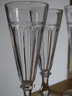 BACCARAT CRISTAL 4 ANCIENNE FLUTES CHAMPAGNE CONIQUE FILETS COTES PLATE 17 cm
