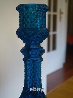 BACCARAT RARE ANCIEN BOUGEOIR CRISTAL BLEU MOULER SIGNER DIAMANTS BISEAUX 18,5cm